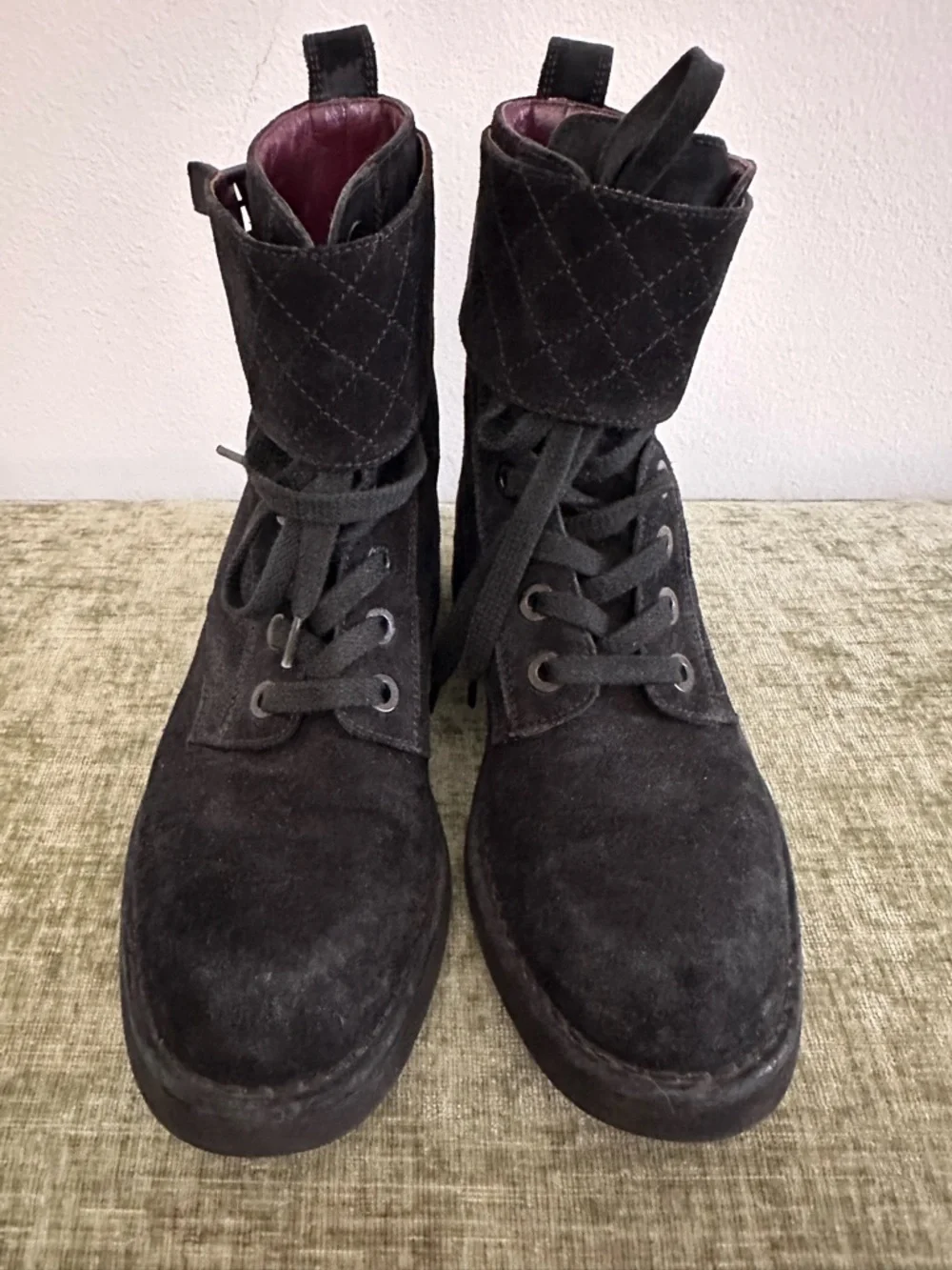 CHANEL Quilted Black Suede Lace Up Combat Flat Moto Short Boots Shoes size 37.5